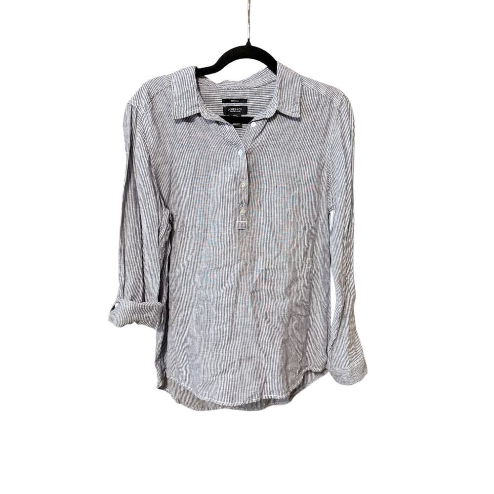 Jones & co. 100% linen vertical stripe long sleeve popover tunic blouse top med